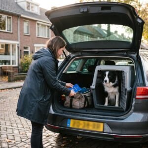 Bordercollie in een reisbench in de achterbak van een stationwagen, de baas stopt een dierenpaspoort in de reistas