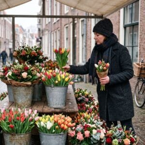 Vrouw in winterjas kiest een bos tulpen bij een bloemenkraam op een grijze februaridag in een Nederlandse straat