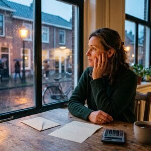 Vrouw zit op een novemberavond aan de keukentafel met een geopende brief en een rekenmachine naast een kop thee