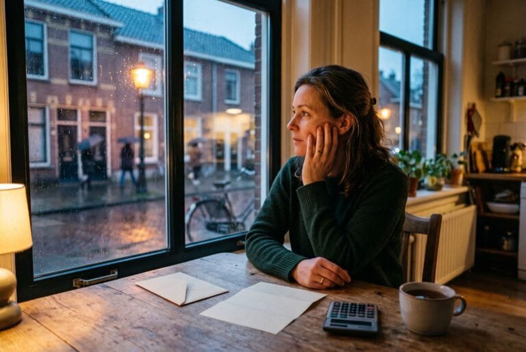 Vrouw zit op een novemberavond aan de keukentafel met een geopende brief en een rekenmachine naast een kop thee
