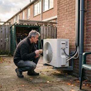 Man bekijkt de buitenunit van een hybride warmtepomp tegen de bakstenen achtergevel van zijn rijtjeshuis