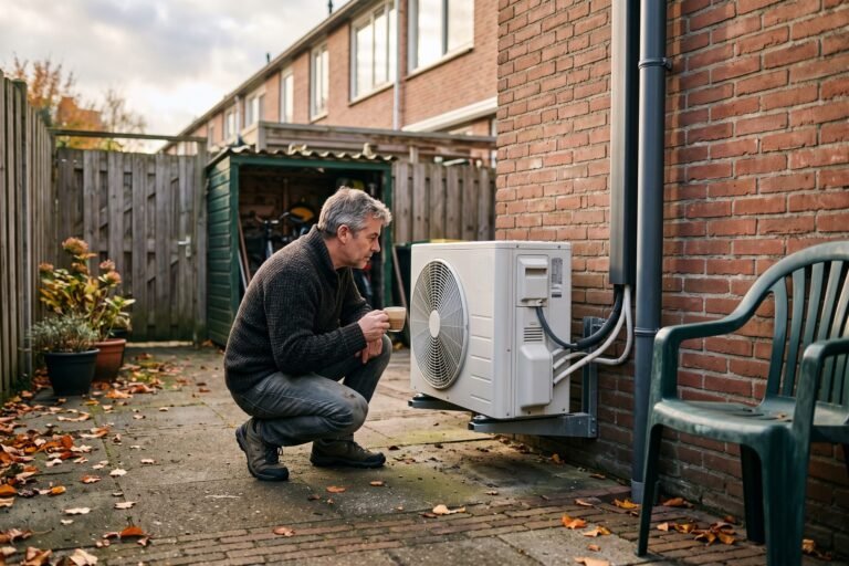 Man bekijkt de buitenunit van een hybride warmtepomp tegen de bakstenen achtergevel van zijn rijtjeshuis