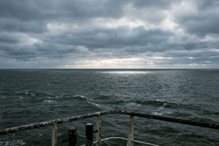 Deining op open zee tot aan de horizon, gezien over de reling van een schip onder een grijze wolkenlucht