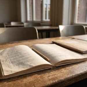 Opengeslagen dichtbundel met een potlood op een schooltafel bij het raam van een leeg klaslokaal in herfstlicht