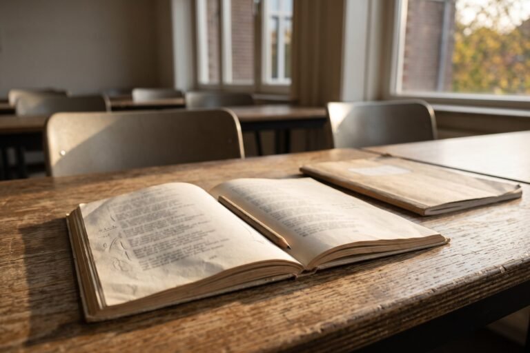 Opengeslagen dichtbundel met een potlood op een schooltafel bij het raam van een leeg klaslokaal in herfstlicht