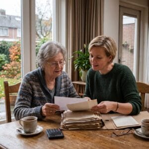 Dochter en moeder zitten aan de keukentafel met een map papieren en een rekenmachine