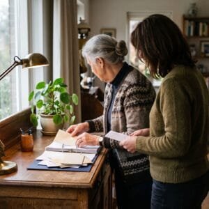 Dochter en oudere moeder ordenen ongeopende post in een ordner op een dressoir in de kamer
