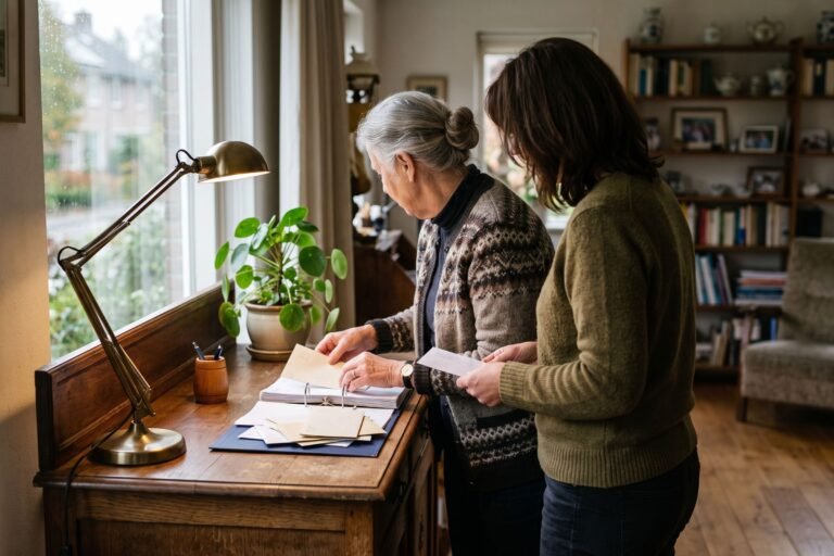 Dochter en oudere moeder ordenen ongeopende post in een ordner op een dressoir in de kamer