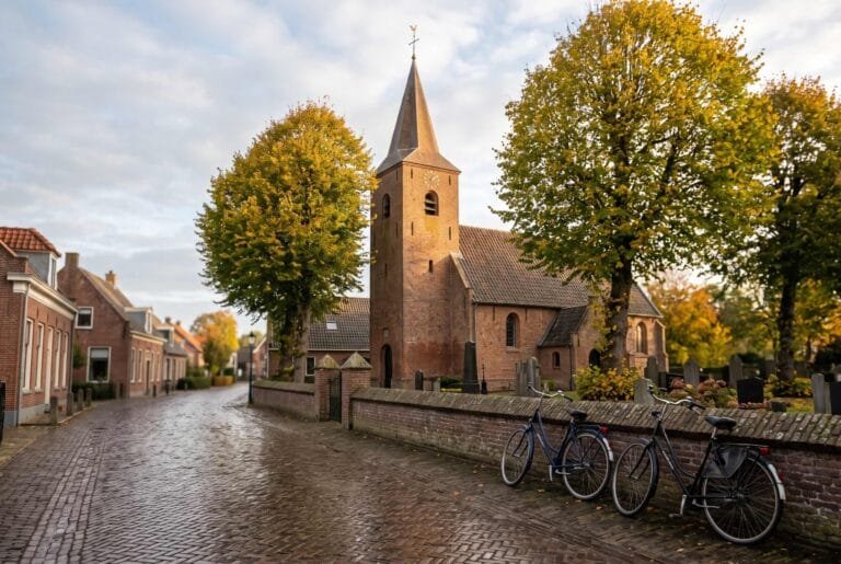 Bakstenen dorpskerk met spitse toren tussen herfstbomen in een Nederlands dorp in de ochtend