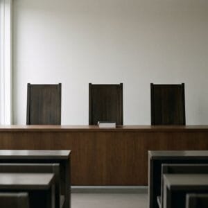 Drie gelijke houten stoelen naast elkaar achter een lange tafel in een lege rechtszaal bij daglicht