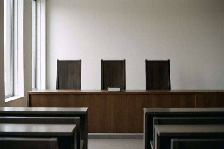 Drie gelijke houten stoelen naast elkaar achter een lange tafel in een lege rechtszaal bij daglicht