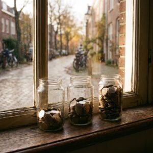 Drie glazen potten met steeds meer munten op een houten vensterbank in laag herfstlicht