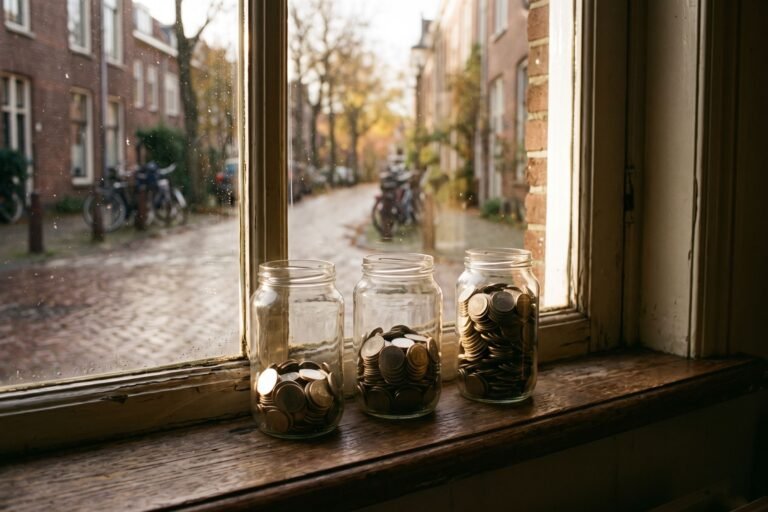 Drie glazen potten met steeds meer munten op een houten vensterbank in laag herfstlicht