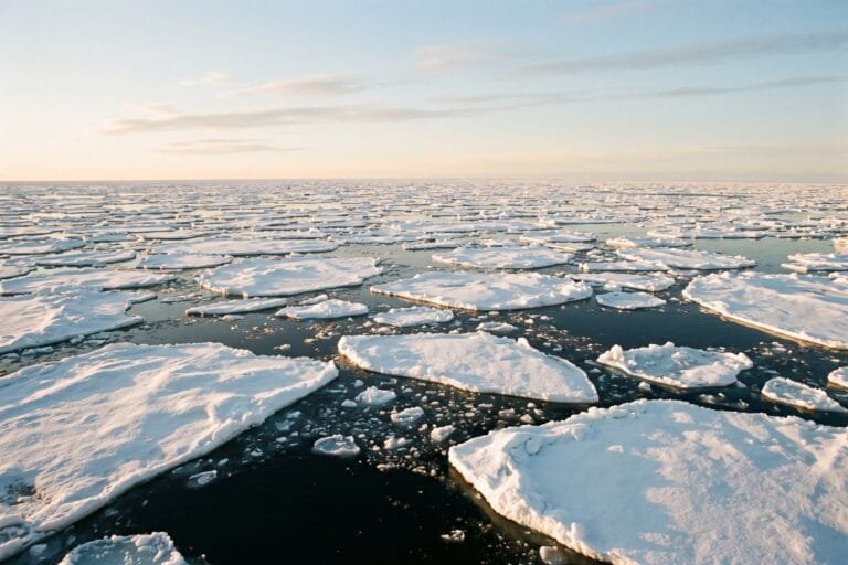 Drijvende ijsschotsen met open water ertussen onder een lage zon aan de horizon