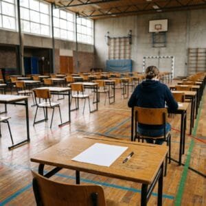 Rijen losse tafels met stoelen staan klaar voor het eindexamen in een gymzaal waar een leerling al aan een tafel zit