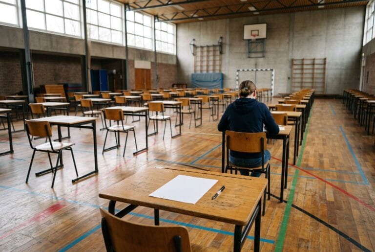 Rijen losse tafels met stoelen staan klaar voor het eindexamen in een gymzaal waar een leerling al aan een tafel zit