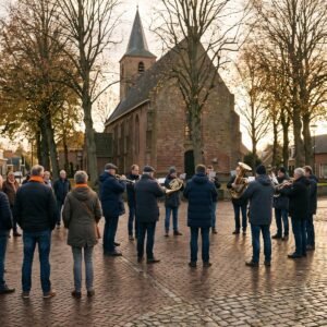 Fanfare speelt op een kerkplein terwijl dorpsbewoners staand luisteren, op de rug gezien