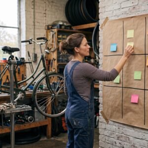 Fietsenmaker plakt een geel briefje op een groot vel met negen vakken aan de muur van haar werkplaats
