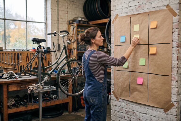 Fietsenmaker plakt een geel briefje op een groot vel met negen vakken aan de muur van haar werkplaats