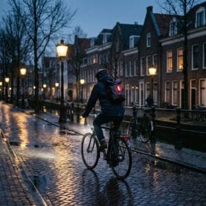 Fietser rijdt op een donkere winterochtend met brandende lamp door een natte Nederlandse straat