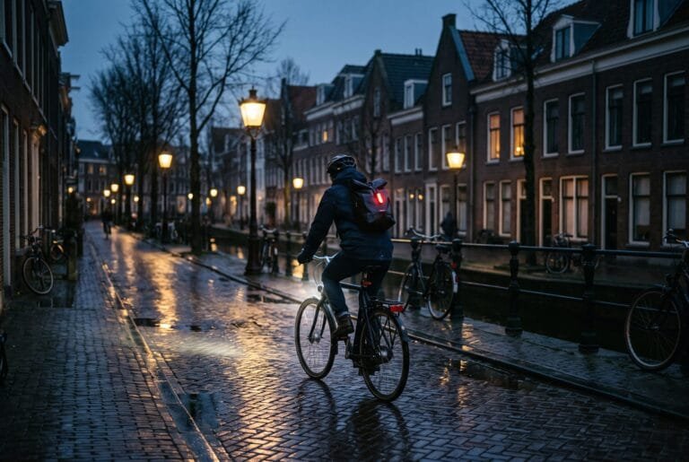 Fietser rijdt op een donkere winterochtend met brandende lamp door een natte Nederlandse straat