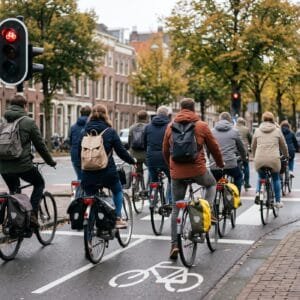 Groep fietsers met rugzakken en fietstassen bij een verkeerslicht in de stad op een grijze herfstochtend