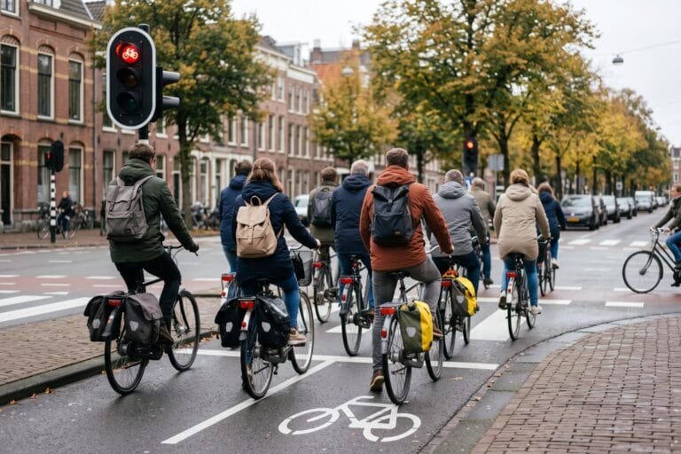Groep fietsers met rugzakken en fietstassen bij een verkeerslicht in de stad op een grijze herfstochtend