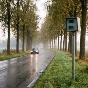 Grijsgroene flitspaal in de berm van een natte weg met bomenrij, in de mist nadert een auto met brandende koplampen