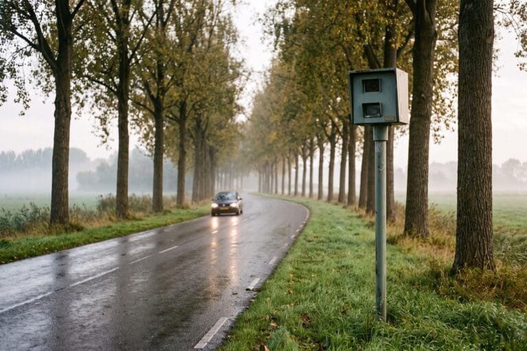 Grijsgroene flitspaal in de berm van een natte weg met bomenrij, in de mist nadert een auto met brandende koplampen