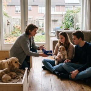Fokker laat een stel het dierenpaspoort van een pup zien, met de moederhond en het nest in de woonkamer