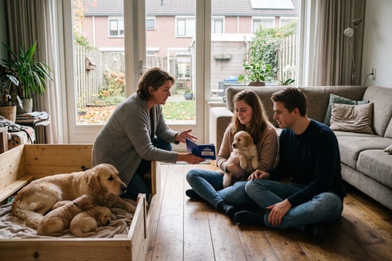 Fokker laat een stel het dierenpaspoort van een pup zien, met de moederhond en het nest in de woonkamer
