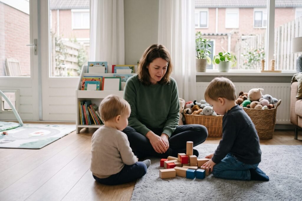 Gastouder zit op de vloer van een woonkamer en speelt met twee jonge kinderen met houten blokken