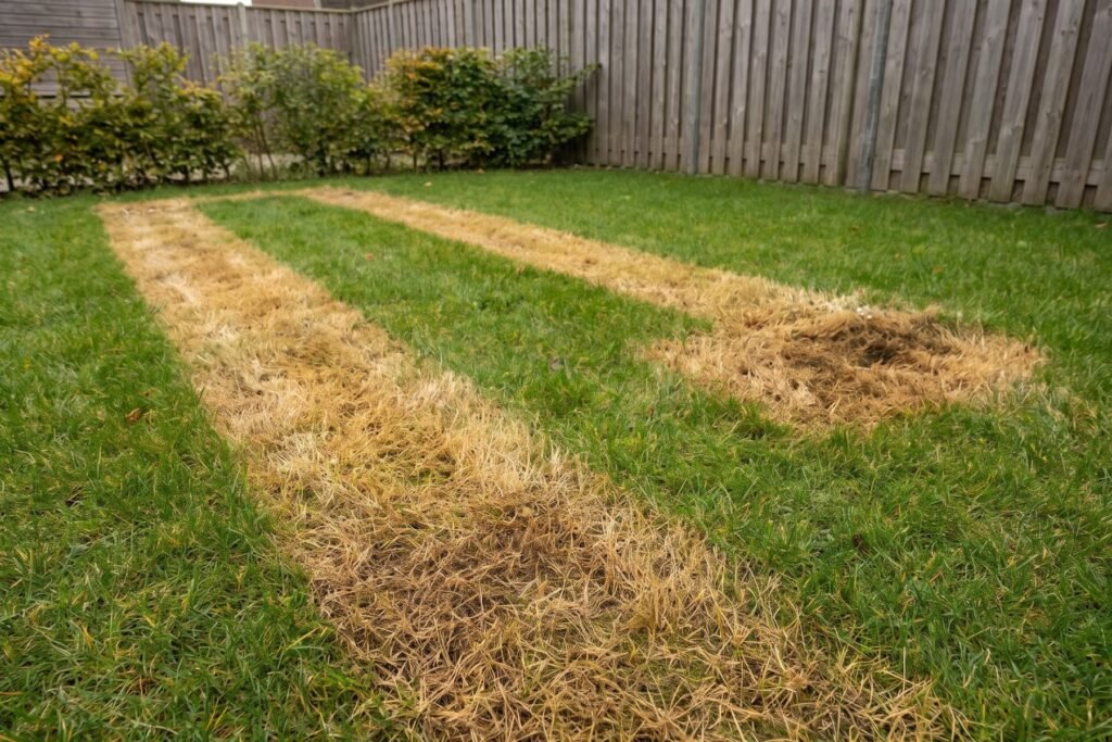 Groen gazon met twee lange strepen geel verdord gras en een donkerbruine plek, voor een haag en een houten schutting