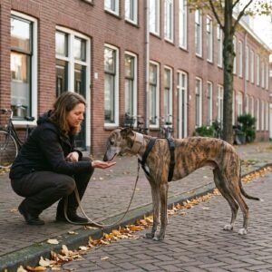 Schuwe Spaanse windhond aan de lijn ruikt aan een snoepje uit de hand van een vrouw in een herfststraat