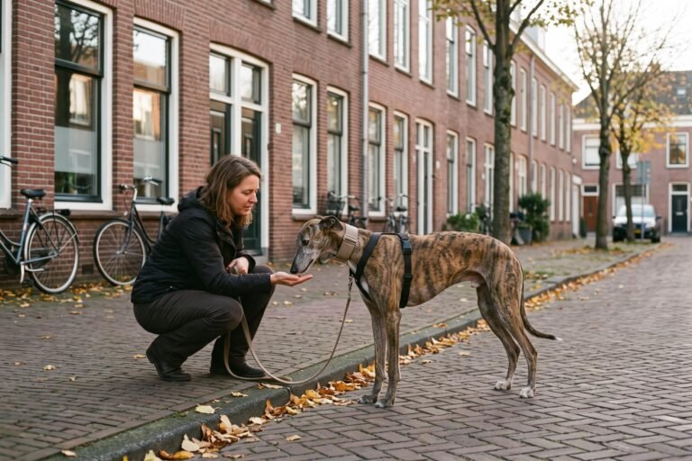 Schuwe Spaanse windhond aan de lijn ruikt aan een snoepje uit de hand van een vrouw in een herfststraat
