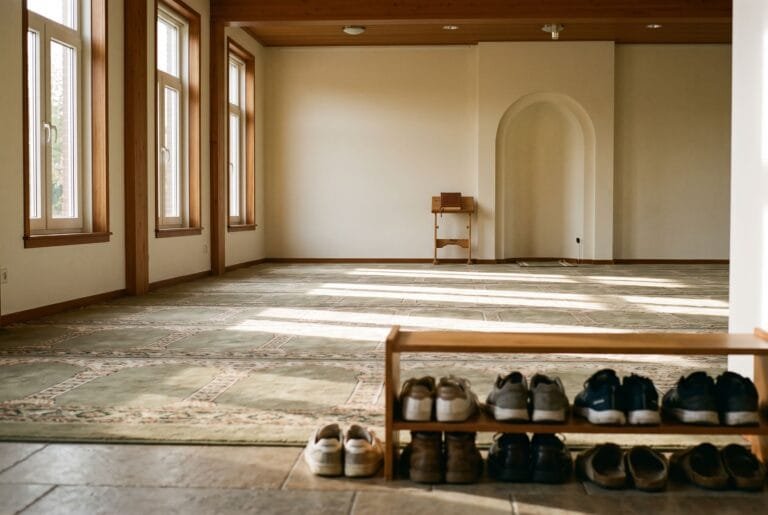 Lege gebedsruimte van een moskee met tapijt een boekenstandaard en schoenen bij de ingang