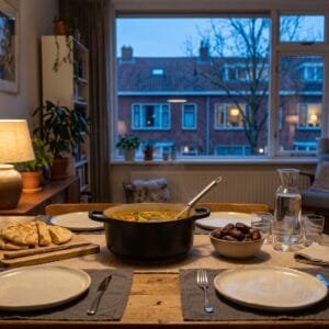 Gedekte tafel met een schaal dadels, glazen water en een pan soep bij het raam terwijl het buiten schemert