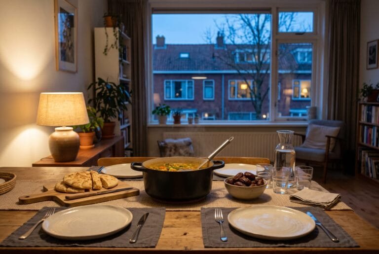 Gedekte tafel met een schaal dadels, glazen water en een pan soep bij het raam terwijl het buiten schemert