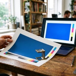 Gedrukt vel met een blauw vlak naast een laptop waarop hetzelfde blauw feller oplicht
