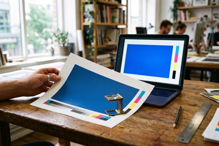 Gedrukt vel met een blauw vlak naast een laptop waarop hetzelfde blauw feller oplicht