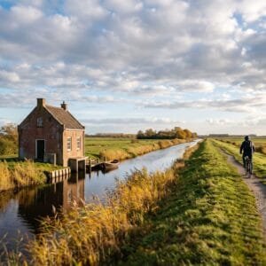 Bakstenen gemaal aan een poldersloot met een fietser op de dijk in het najaar