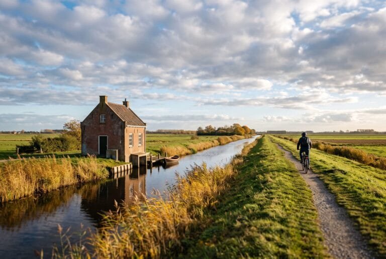 Bakstenen gemaal aan een poldersloot met een fietser op de dijk in het najaar