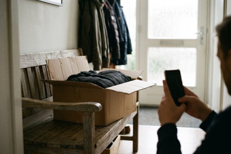 Handen houden een telefoon vast bij een geopend pakket met een opgevouwen jas op een bankje in de hal