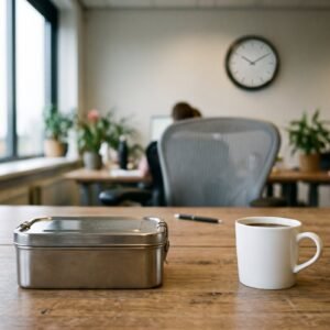 Gesloten broodtrommel en een mok zwarte koffie op een bureau met op de achtergrond een wandklok
