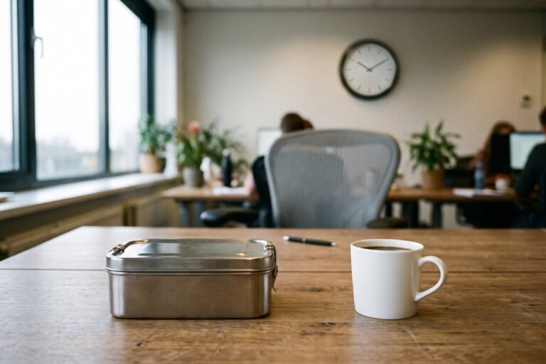 Gesloten broodtrommel en een mok zwarte koffie op een bureau met op de achtergrond een wandklok