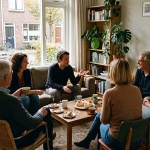 Volwassenen van verschillende leeftijden praten op een verjaardag in een Nederlandse woonkamer met koffie op tafel