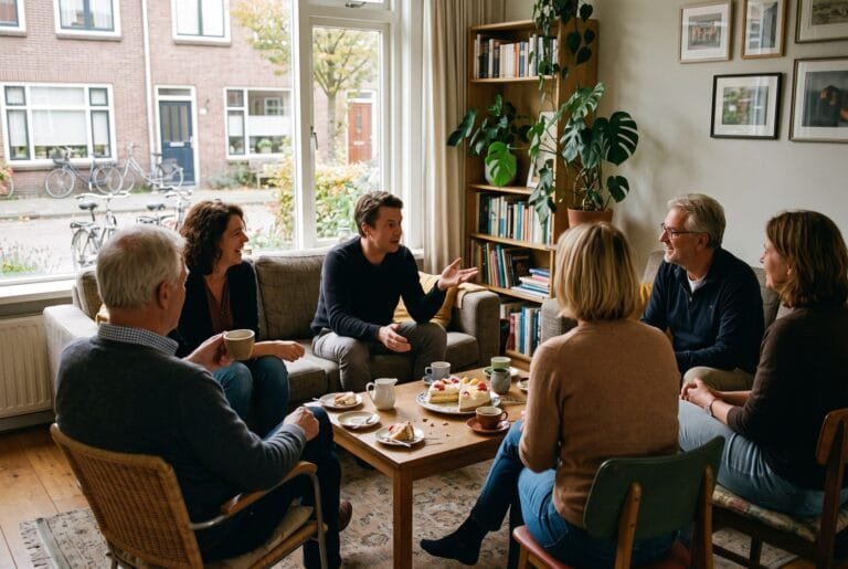 Volwassenen van verschillende leeftijden praten op een verjaardag in een Nederlandse woonkamer met koffie op tafel