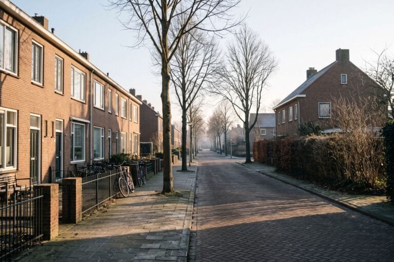 Straat met een rij rijtjeshuizen en een vrijstaand huis in de lage zon van een winterochtend