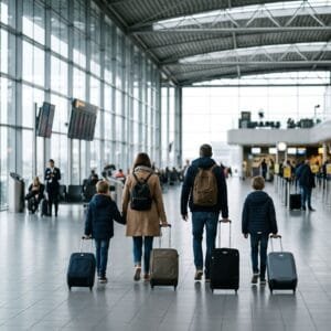 Gezin met rolkoffers loopt van achteren gezien door de vertrekhal van een luchthaven