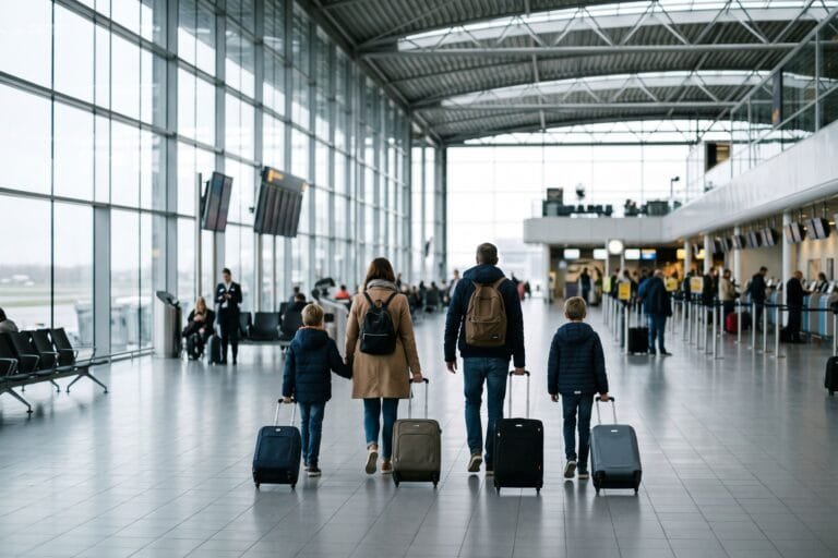 Gezin met rolkoffers loopt van achteren gezien door de vertrekhal van een luchthaven